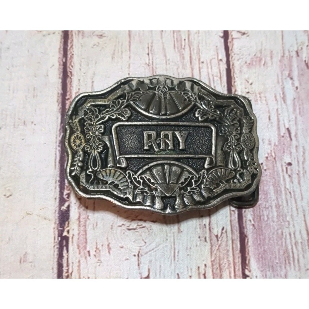 Vintage ODEN INC Engraved Name RAY‎ Country Embossed Belt Buckle brass